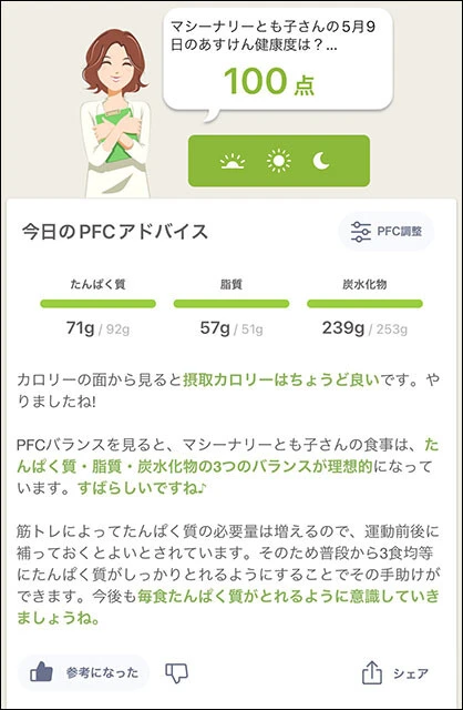 マシーナリーとも子氏が過去に叩き出した100点のスコア。「グラム単位でごはんを食べる微調整が必要」とのこと