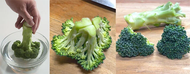 【ブロッコリーの調理手順】水を張ったボウルに、房部分を下にして茎を持って揺らして洗うとよい。もちろん流水で流すのでもOK。小さい房に分けるには、大きい房の根元に切れ込みを入れて、手で割くようにするときれいにできる