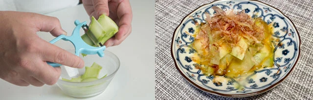 【茎も食べられるぞ! ブロッコリー茎の ポン酢サラダ】ブロッコリーの茎は生のままで、皮を取り除き、ピーラーでむいていく。ポン酢をかけ、かつお節をのせて完成