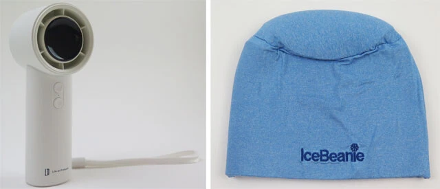「ターボハンディファン・100段階調整機能付」(ライフオンプロダクツ、ロフト店頭価格3278円)。軽量&コンパクトなのにしっかり強風! 右は今年発売の、冷やしてかぶるだけでクールダウンできる帽子型の冷却剤「アイスビーニー」(ときわ商会、ロフト店頭価格6981円)