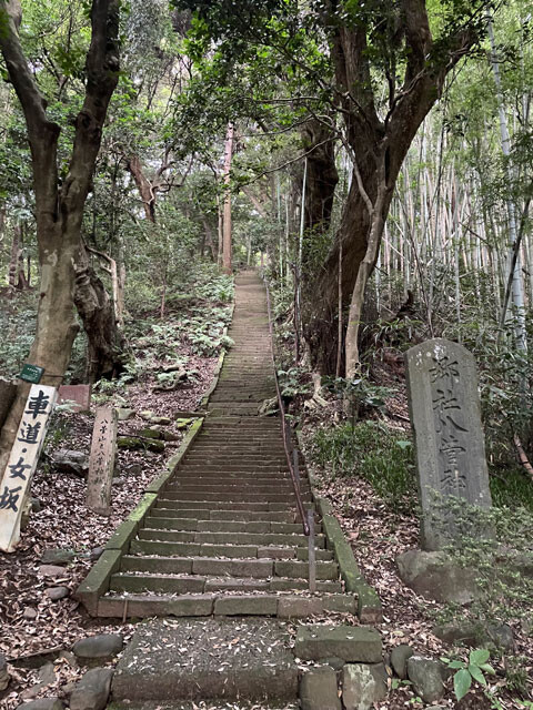 八菅神社の鳥居をくぐると現れる約300段の急な階段。八菅神社は上り切った所にある