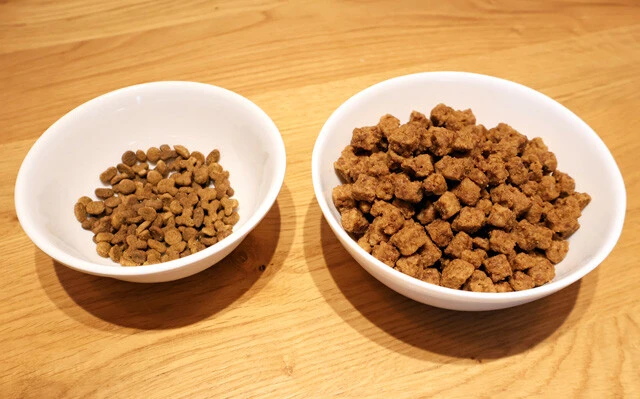 謎肉カリカリ　謎肉を皿に盛ると見た目は猫のカリカリとうりふたつ。愛猫と並んで食べれば幸せいっぱいだ！　猫が間違えて謎肉を食べないように気をつけること