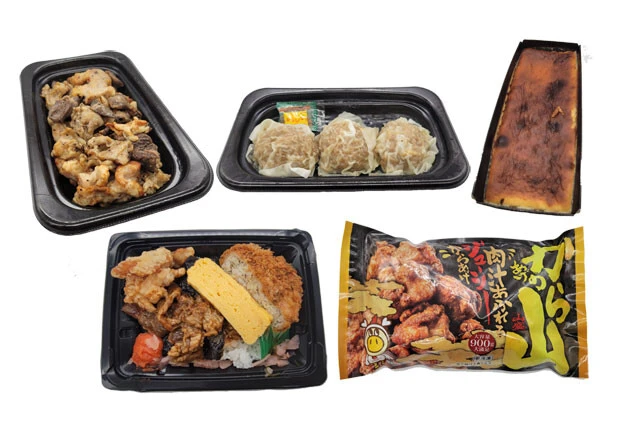 （左上から）焼き鳥三昧（ハラミ・ハツ・モモ）　699円（税込 754円）、大きな皮のせ焼売　300円（税込 324円）、濃厚焼きチーズケーキ　399円（税込 430円）、焼肉明太のり弁　500円（税込 540円）、からあげの山（900g）　999円（税込 1078円）。商品の値段は馬絹店（神奈川県）3月24日時点のもの