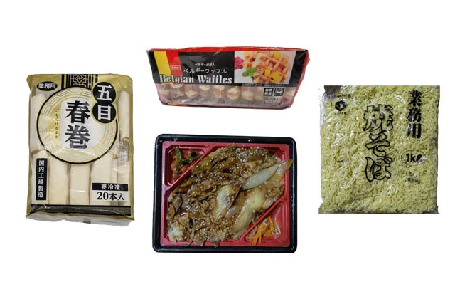 （左から）五目春巻（20本入り）　528円（税込 570円）、ベルギーワッフル（10個入り）　448円（税込 483円）、牛カルビ重　298円（税込 321円）、業務用焼そば（1㎏）　178円（税込 192円）。商品の値段は中野弥生町店（東京都）3月16日時点、上池袋店（東京都）3月24日時点のもの