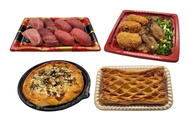 （左から）本まぐろ 握り鮨盛合せ（本まぐろ、中トロ、大トロ）　1580円（税込 1707円）、かき食べ比べ飯　598s（税込 646円）、手作り照り焼き Wチキンピザ（ホール）　598円（税込 646円）、北欧アップルパイ500円（税込 540円）。商品の値段は横浜下永谷店（神奈川県）4月8日時点のもの