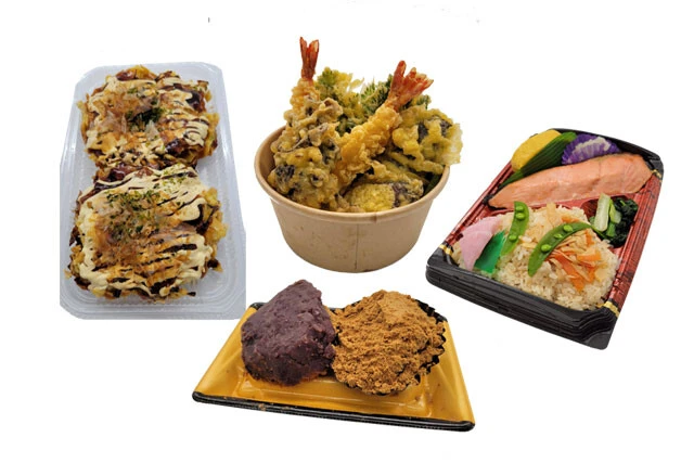 （左から）お好み焼き　398円（税込 429円）、海老と野菜天ぷら盛合せ　498円（税込 537円）、北海道産あずき おはぎ粒あん・きなこ　260円（税込 280円）、筍 銀鮭西京味噌弁当　698円（税込 753円）。商品の値段は杉並桃井店（東京都）4月3日時点のもの
