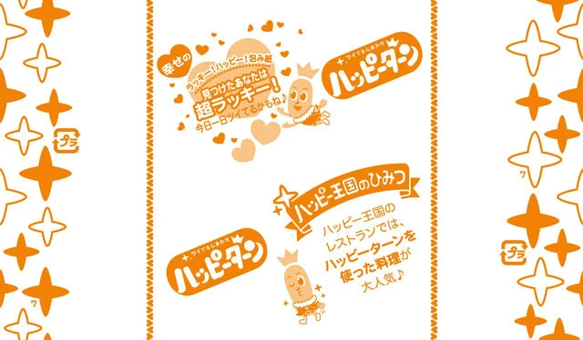 ハッピー王国やターン王子のトリビアが載っている包装紙は全112種類。その中にひとつだけ見つけたらハッピーになれる「ラッキー包み紙」も