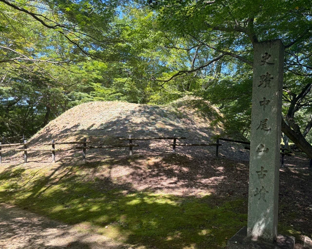 中尾山古墳　八角形の墳墓で、対辺長は約30m。8世紀初頭に造られており、文武天皇陵とする説が有力
