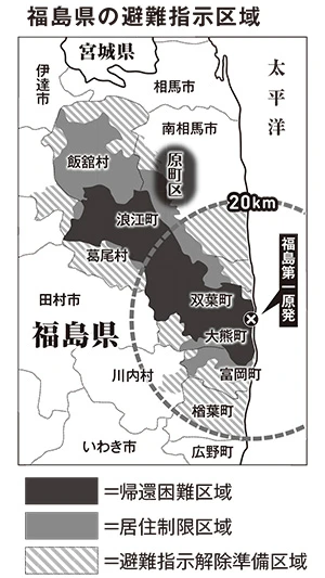 南相馬市の特定避難勧奨地点が集中する原町区は福島第一原発から２０　㎞圏外にあるが、原発の爆発後、放射能が飛散した北西方向に位置するため、放射線量は依然として高い。地図中の原町区部分は特定避難勧奨地点が集中するエリア
