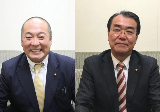 「新人の青木さんは『青木議員』、私のことは『茂議員』と呼んでください」(右が現職の青木茂氏)