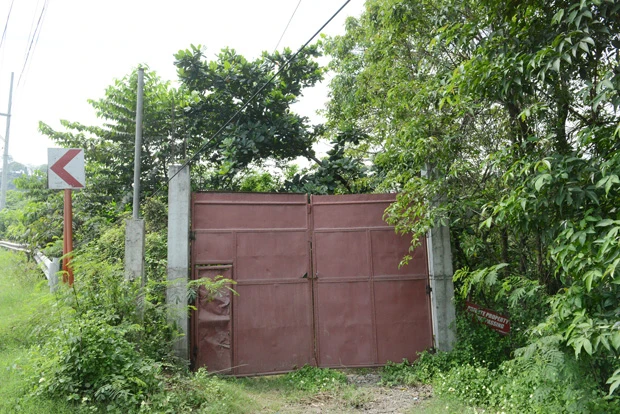  マトバト氏が「遺体を遺棄した」と証言した現場。鉄扉の奥は枯れ葉が散乱した砂利道がカーブしながら下っていた