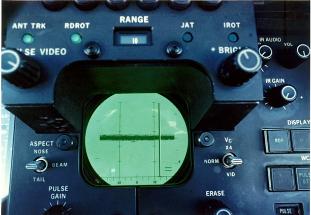 F-14のレーダースコープ。中央の横線は海面の反射で、写真は不明瞭だが、その下に敵機を示す小さな点がふたつある