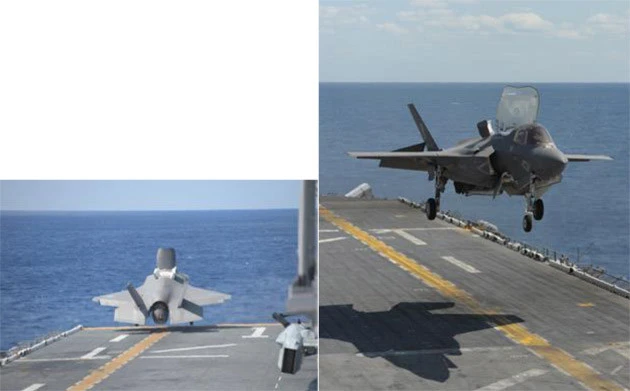 F-35Bの短距離離陸(左)、垂直着陸(右)の様子。空母の甲板の形状は傾きのある「スキージャンプ式」と平坦な「フラットトップ式」の2種類あり、いずもは米海軍と同じフラットトップになりそう