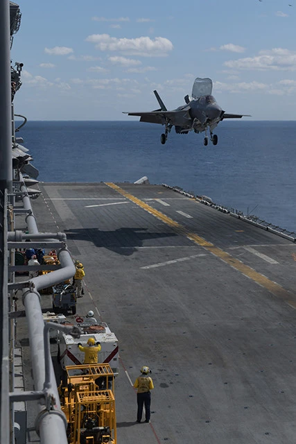 米ワスプ級強襲揚陸艦の艦上で、ジェットエンジンを下向きに噴射して垂直に着艦するF35B。甲板は高熱に耐える構造になっている。つまり。わずか数十m四方の鉄板があれば、どこでも離着陸可能な神出鬼没のステルス戦闘機ということだ