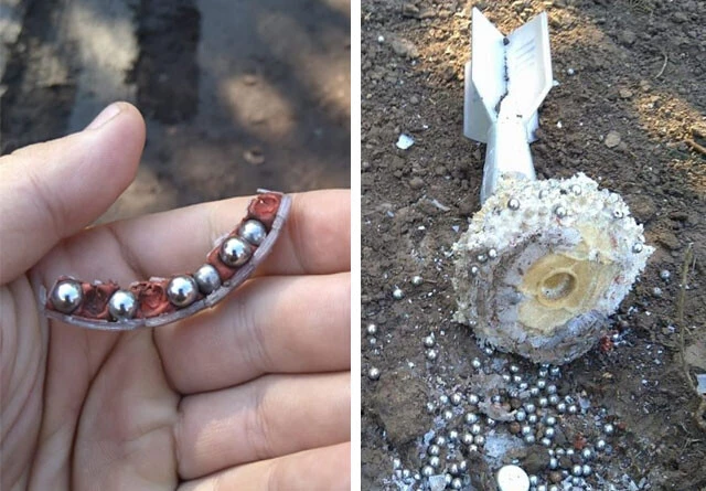 中には火薬と、爆発と同時に散弾する直径６㎜の鉄球が入っている。プラスチック製で軽いためか地面に落ちたときの衝撃が弱く、不発になることも