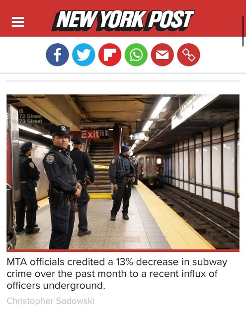 地下鉄内の事件多発を受け、市当局は警察のパトロールを動員。一定の効果を見たとしているが...(ニューヨークポスト)
