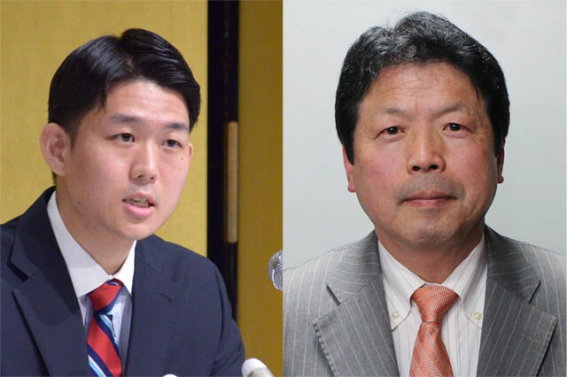 山口2区で出馬予定の(左から)岸信千世(きしのぶちよ・自民党・新・31歳、元議員秘書、元テレビ局員)と平岡秀夫(ひらおかひでお・無所属・新・69歳、弁護士、元衆議院議員、元法務大臣)