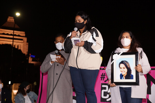 今年4月21日の入管法改正に対する国会前抗議行動に、21年3月に名古屋入管で不審死したスリランカ人女性のウィシュマ・サンダマリさんの親族も参加した