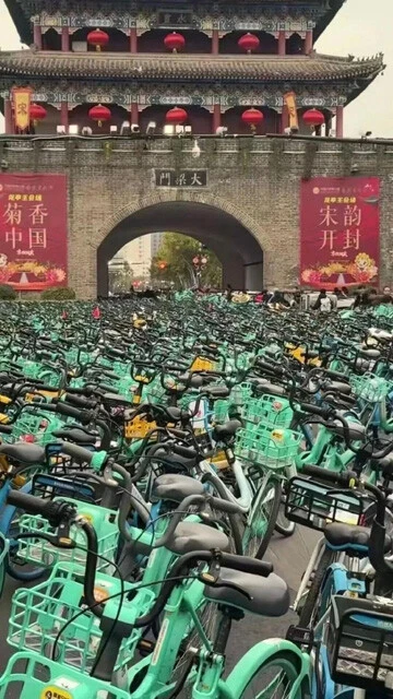 大学生たちが利用したシェアサイクルが大量に乗り捨てられた中国開封市。開封市に到着した大学生たちのほとんどが帰路はノープラン(写真は中国のSNSから)