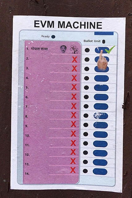 電子投票機（EVM）の使い方を解説する張り紙（撮影／ソナム・ヌルボ）