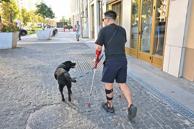 知人から預かっている犬の散歩もリハビリを兼ねている(キーウで撮影)。同時に、いい気分転換にもなっているという