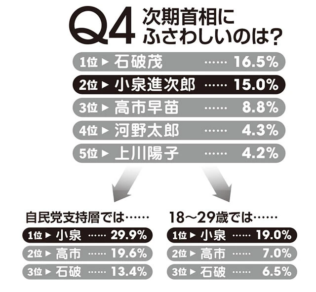 Q4~6は総裁候補の印象。若年層で「次期首相にふさわしい」が断トツなのは、本人の人気というよりほかの政治家がほとんど浸透していない可能性大
