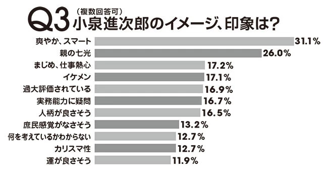 ふんわりした好感と、世襲や経験不足に対する悪印象が交錯。なお10代は「親の七光」票が極端に少ないのだが、もはやお父さんを知らない世代なのかも