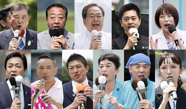 （上左から）自民党総裁の石破首相、立憲民主党の野田代表、公明党の斉藤代表、日本維新の会の吉村代表、共産党の田村委員長、（下左から）国民民主党の玉木代表、れいわ新選組の山本代表、参政党の神谷代表、社民党の福島党首、日本保守党の百田代表、みんなでつくる党の大津党首