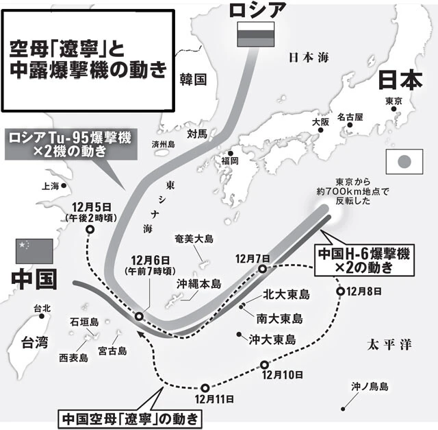 中国空母「遼寧」を中核とする艦隊は、東シナ海から沖縄本島と宮古島の間を通過し、太平洋へ進出。中国のH-6爆撃機とロシアのTu-95爆撃機も宮古海峡を通過した。空母と爆撃機の行動が時間的・空間的に重なったのが今回の特徴