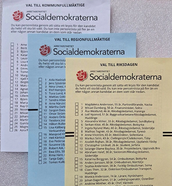 4年に1回、国・県・市町村すべての選挙をまとめて行なうスウェーデンでは、投票用紙の混乱を避けるために色分けがされている