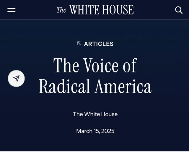ホワイトハウスの公式サイトに掲載された、VOA（Voice of America）を「急進的なアメリカの声（Voice of Radical America）」と揶揄する記事