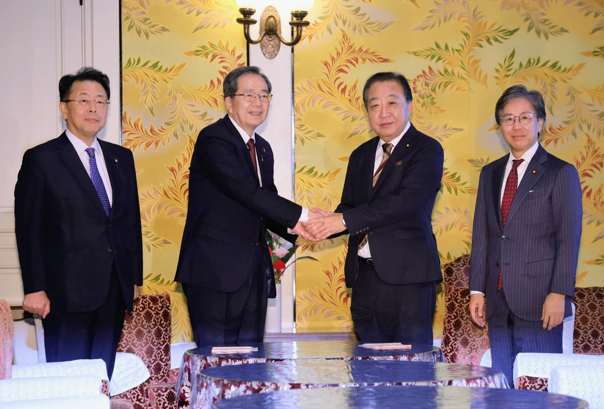 次の与党連合となる予定の、公明党と立憲民主党の首脳会議（写真：時事）