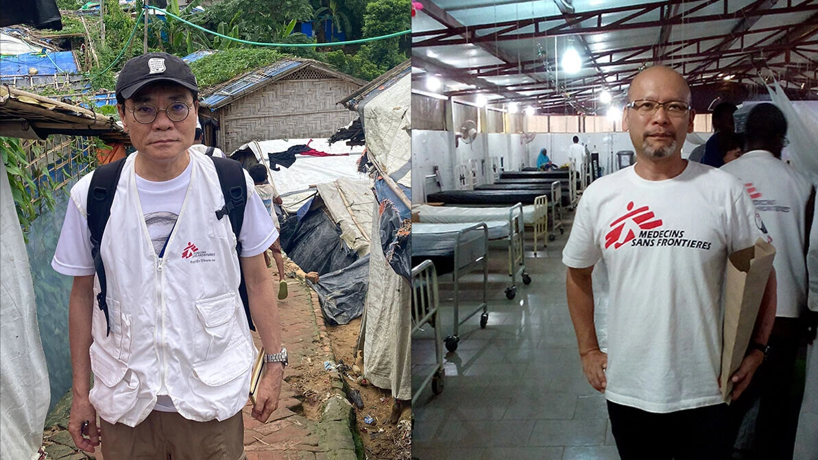 （左）バングラデシュのロヒンギャ難民キャンプを訪れたいとうせいこう氏。傾斜のきつい 土地に、仮設のテントが密集する。ⒸShumpei Tachi / MSF （右）2016 年、ナイジェリア北東部で、政府軍と武装勢力「ボコ・ハラム」との紛争激化に よる国内避難民支援のため、MSF が開設した入院栄養治療センターでの萩原健氏 ©️Ken Hagiwara