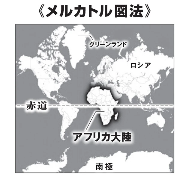面積比を正確に描くイコールアース図法（上）と、角度と方角を正しく保つメルカトル図法（下）。イコールアースでは、メルカトルで小さく見えていたアフリカ大陸などがより正確な比率で表わされる