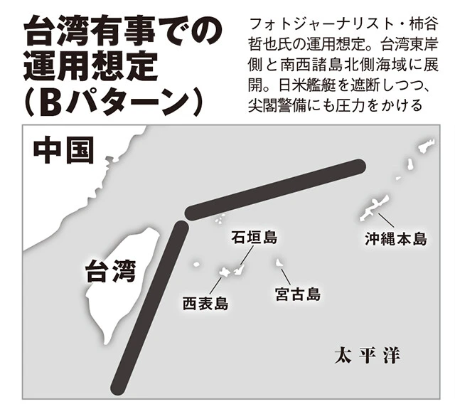 フォトジャーナリスト・柿谷哲也氏の運用想定。台湾東岸側と南西諸島北側海域に展開。日米艦艇を遮断しつつ、尖閣警備にも圧力をかける