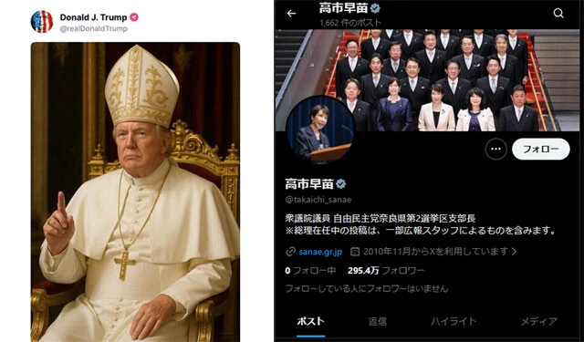 （左）トランプ米大統領が立ち上げたSNS「トゥルース・ソーシャル」。トランプ氏のフォロワーは最多の約1300万人　（右）高市早苗首相の各SNSのフォロワーは、Xが約295万人、Instagramが約130万人、Facebookが約19万人