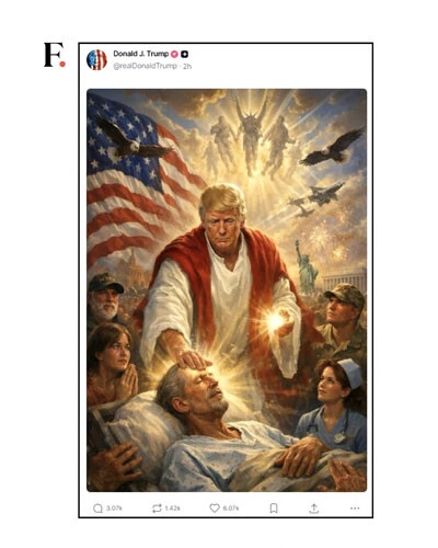 4月12日、トランプ大統領が自身のSNSアカウントに投稿した生成AIで出力した「宗教画」。自身をキリストのように描いたその絵は、支持者たちからも「冒涜だ」と評判は最悪で、トランプ陣営はすぐに画像を削除した