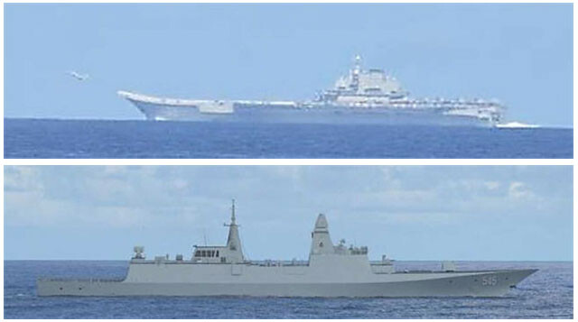 中国海軍空母遼寧とその艦隊は、40日近くの長期訓練を行い、宮古海峡から東シナ海に入った（写真：防衛省統合幕僚監部）