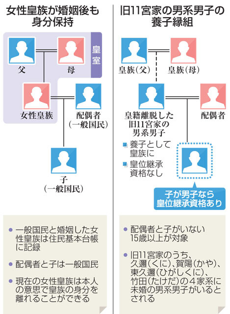 （左）養子になれるのは配偶者と子がいない15歳以上の男性。旧11宮家に未婚の男性は12人いるとされる。（右）女性皇族の配偶者と子は一般国民。また、現在の女性皇族は本人の意思で皇族の身分を離れることができる