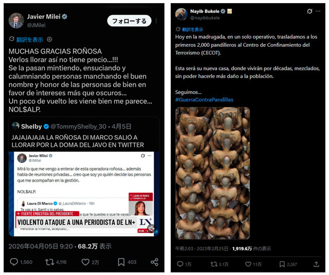 （左）【支持者巻き込みレスバ型】ハビエル・ミレイ大統領（アルゼンチン）《Instagramフォロワー》約639万人　ミレイ大統領からの攻撃を訴えた女性記者を支持者がSNSで揶揄すると、ミレイ氏も引用し、「薄汚い女」「連中が泣く姿は何物にも代え難い」と攻撃を重ねた　（右）【治安政策シネマ化型】ナジブ・ブケレ大統領（エルサルバドル）《Facebookフォロワー》約1500万人　ギャング対策で拘束した約2000人を巨大刑務所「CECOT」へ移送する動画を公開。収容者や武装部隊を映画のような映像で見せ、「強い国家