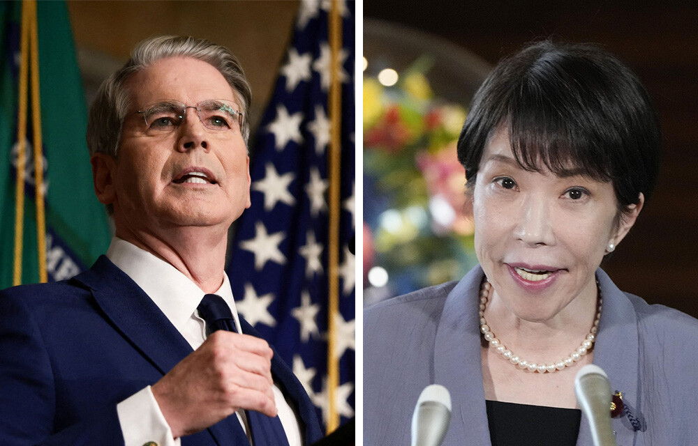 （左）高市政権の経済政策を批判したベッセント米財務長官と（右）高市早苗首相