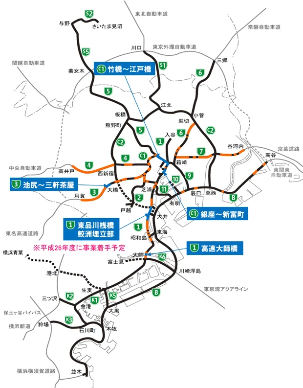首都高大規模更新計画の概略図(提供・首都高速道路)。青い部分が「更新」、赤が「修繕」の行なわれる箇所