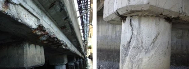 海面の激しい腐食環境によって、コンクリートの剥離や鉄筋の露出などの損傷が進んでいる(提供・首都高速道路)