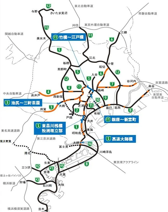 首都高大規模更新計画の概略図(提供・首都高速道路)。青い部分が「更新」、赤が「修繕」の行なわれる箇所