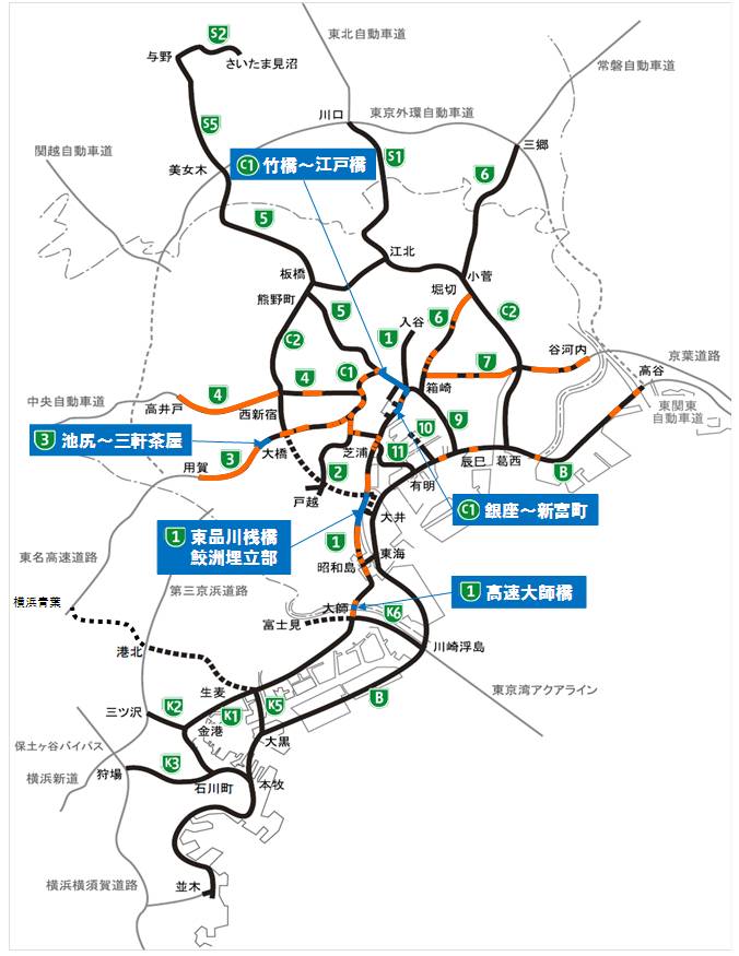 首都高大規模更新計画の概略図(提供・首都高速道路)。青い部分が「更新」、赤が「修繕」の行なわれる箇所
