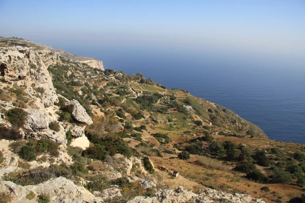 この断崖地形を軽々と越えて、巨大津波は手前に立つ頑丈な石造神殿をなぎ倒した