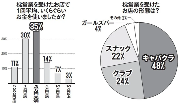 20~40代男性の枕営業体験者100人からアンケートを集計した結果がこちら! スナックやガールズバーに比べ、女のコの売り上げノルマが厳しいキャバクラやクラブでは枕営業の可能性も高くなることが大判明