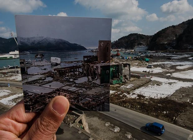 宮城県牡鹿郡女川町、医療センター下の風景。２０１４年２月１７日撮影（手持ち写真は２０１１年３月１６日撮影）