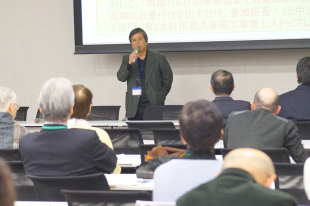 今年4月上旬、ひとりでも多くの人に石木ダム問題を知ってほしいと東京で講演する反対同盟の岩下和雄さん