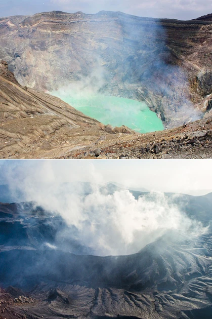 数年前に撮影した際には確かにそこに存在していた火口湖(上)。しかし、熊本地震後に噴火した3日後(5月4日)にドローンで撮影してみると、火口湖は跡形もなく消失。活発な噴気が上がり、周辺には強い硫黄臭が立ち込めていた(下)